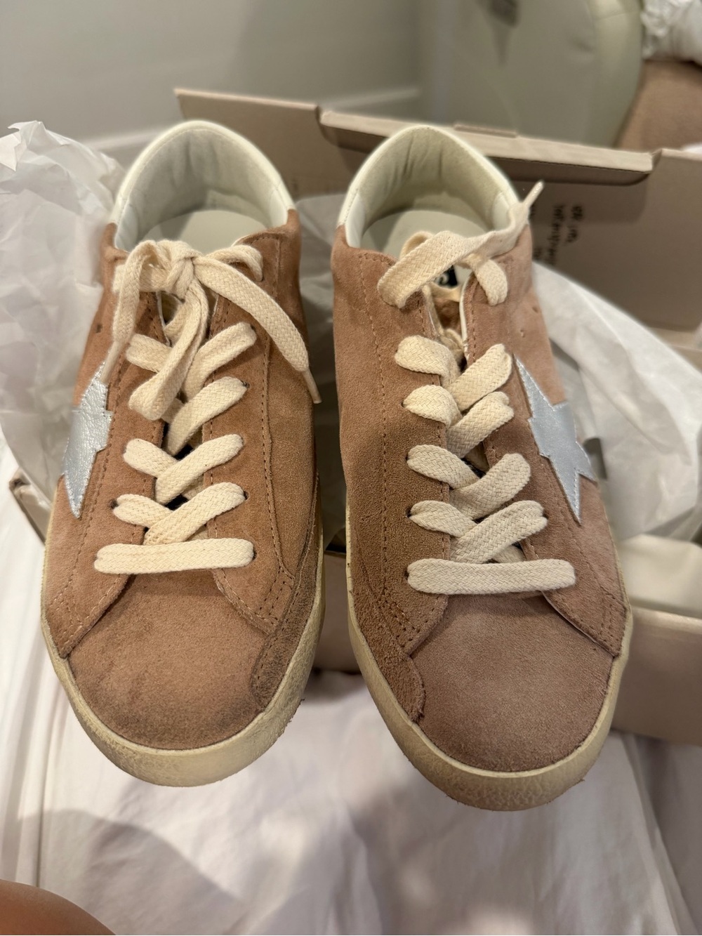Golden Goose Tan Suede Sneakers with White Star